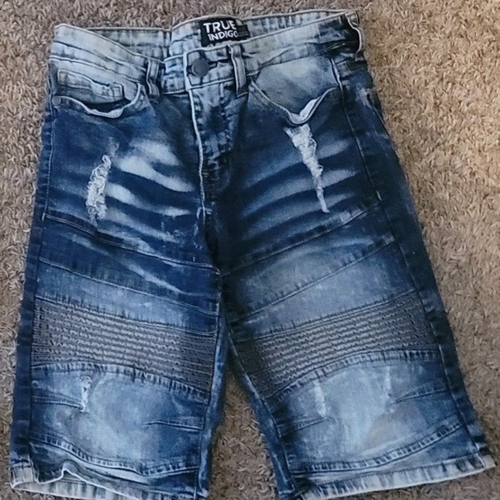Indigo Blue Jean Shorts with Distressed Moto-Style